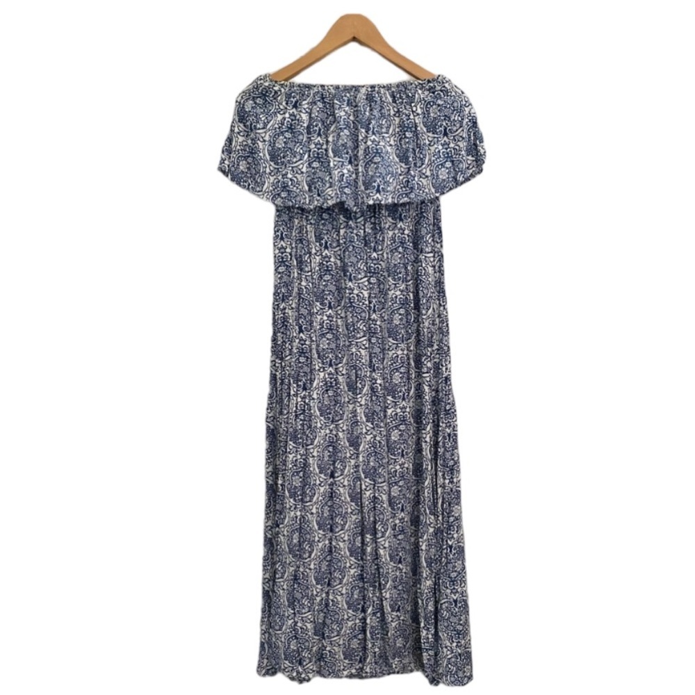 NWOT strapless maxi dress ruffle bust blue and white paisley dress L